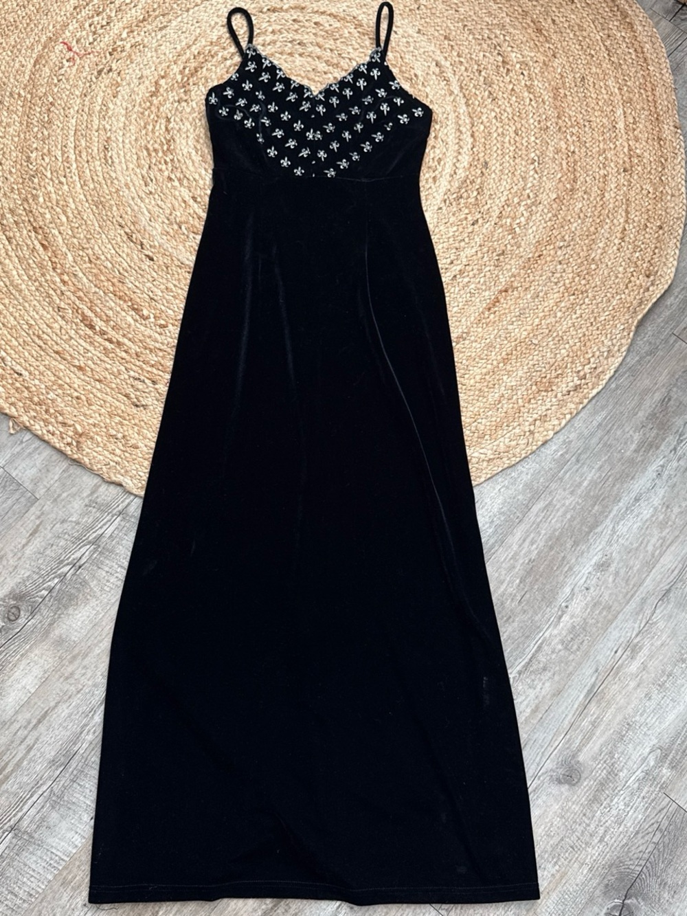 Black Velvet Maxi Slip Dress with Embellished Bodice